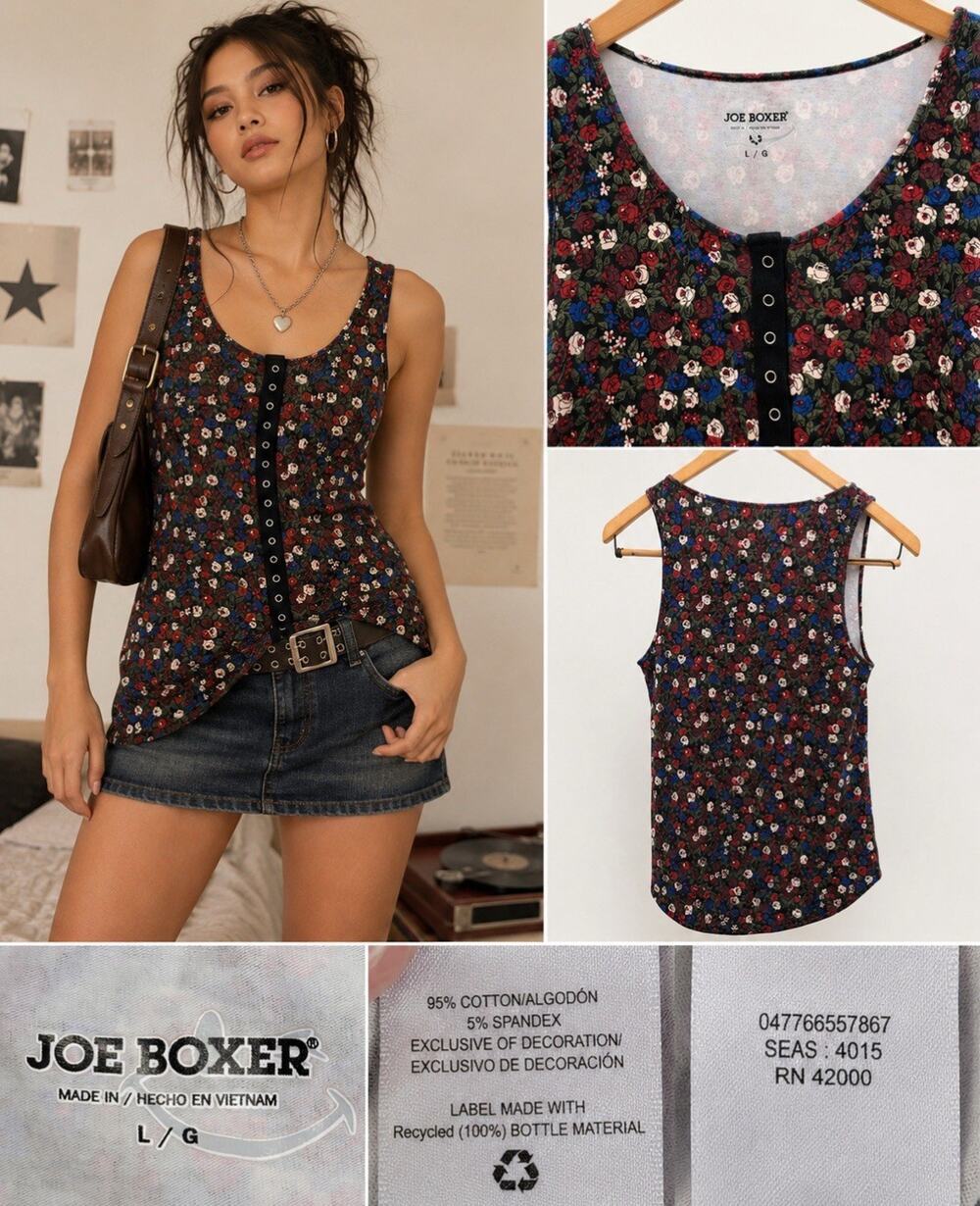 Y2K Indie Sleaze Joe 2000s Boxer Snap Front Tank Top Size L Black Floral Print